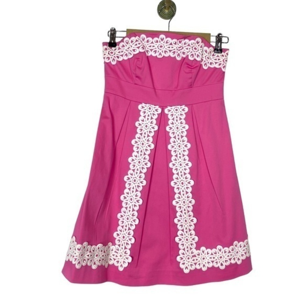 Lilly Pulitzer Hot Pink Strapless Mini Dress with White Lace Trim